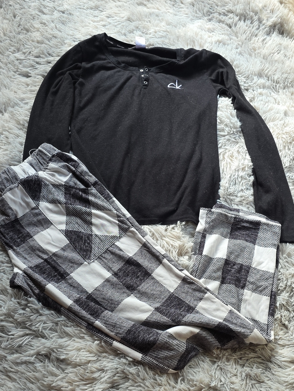 Calvin Klein Black Long-Sleeve Top with Black & White Plaid Pajama Pants